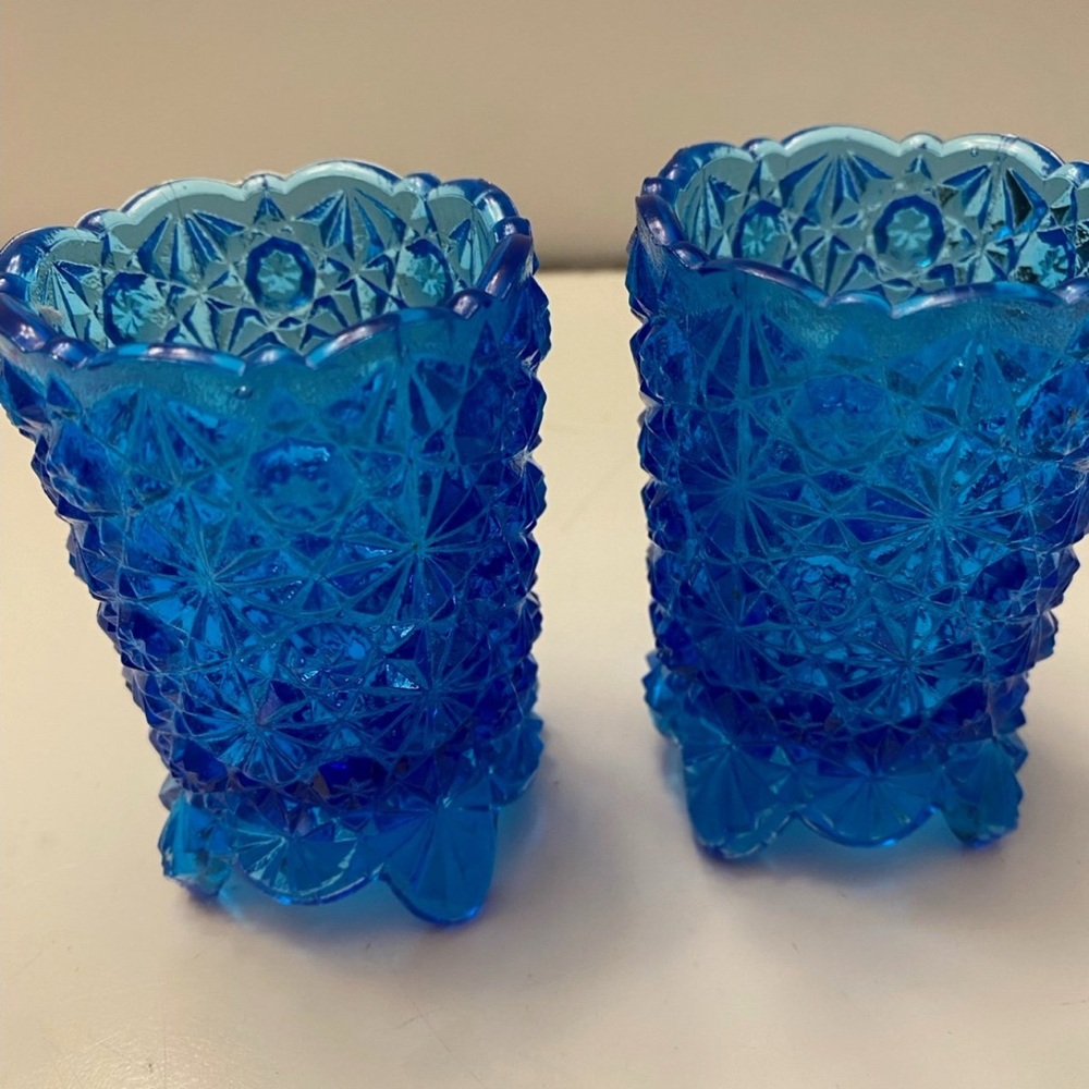 2 Vintage Cobalt Blue Toothpick Holder Footed Daisy Button
